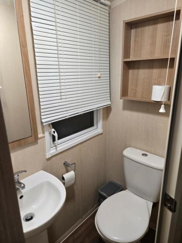 een badkamer met toilet, wastafel en raam bij Leas Happy Haven in Goswick Station