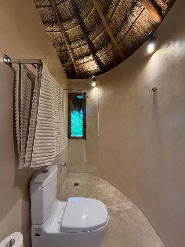 a bathroom with a toilet and a window at Aldea 58, cabañas de lujo con piscina en Merida centro in Azcorra