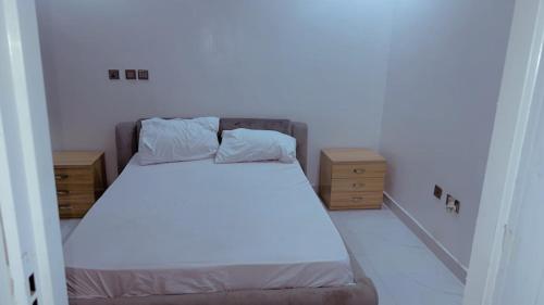 Un dormitorio con una cama y dos mesitas de noche. en Gazyhomes1, en Lekki