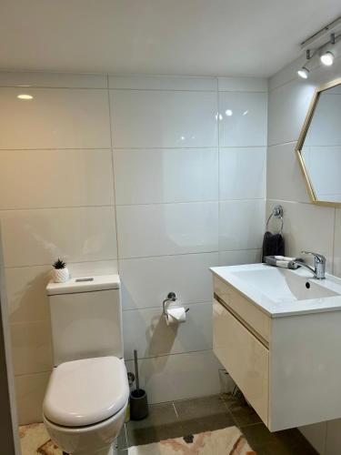 a white bathroom with a toilet and a sink at The Cosy Bungalow in Portarlington