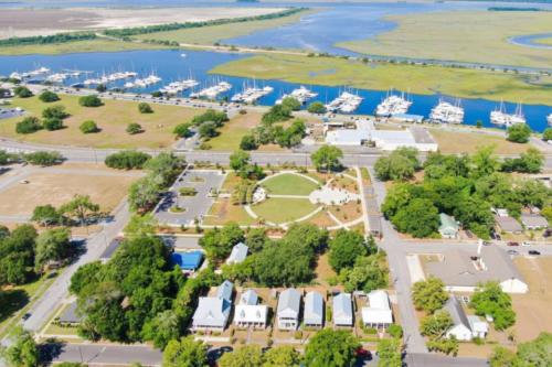 an aerial view of a marina with boats at Odie's Oasis on Union in Brunswick