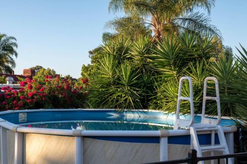 a swimming pool with two chairs and palm trees at Camillo Modern Family Retreat - with Private Pool