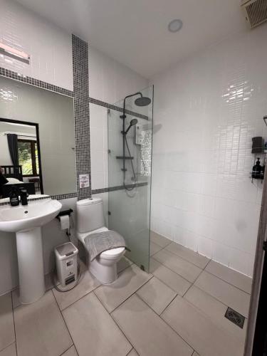 a bathroom with a shower and a toilet and a sink at Villa Seaview Garden in Ko Tao