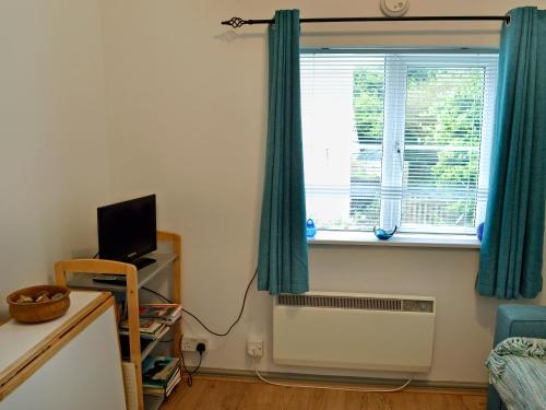een kamer met een radiator en een raam met blauwe gordijnen bij The Pocker Watch in Chideock