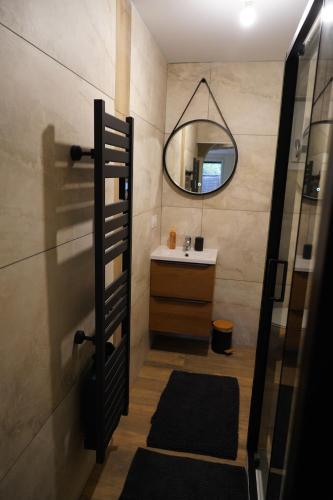 a bathroom with a sink and a mirror at Cottage - La Petite Chaumière in Rouilly-Sacey