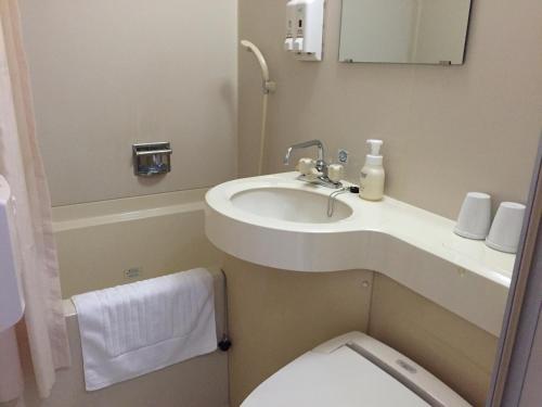 a small bathroom with a sink and a toilet at Hotel Crown Hills Toyama in Toyama
