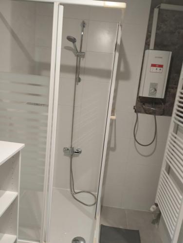 een douche met een glazen deur in een badkamer bij Ferienhaus in Berenbach in Berenbach