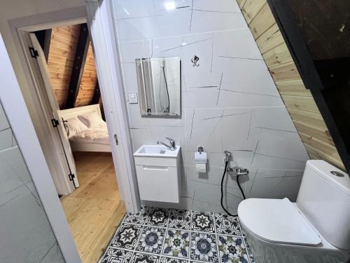 een badkamer met toilet en wastafel bij Gabala Garden & Mountain View Villa in Gabala