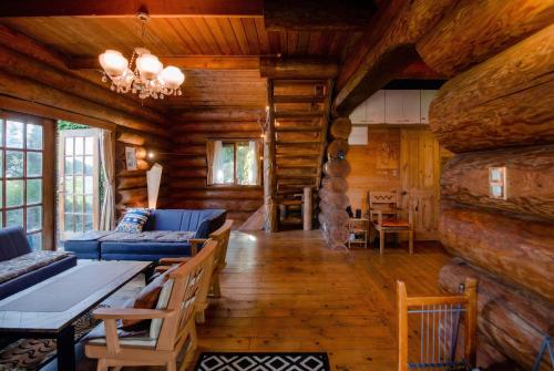 今津Forest Villa Ilio Biwako的小木屋客厅设有木墙和木地板