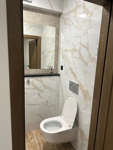 bagno bianco con servizi igienici e specchio di Atostogų namelis "Neda" a Palanga