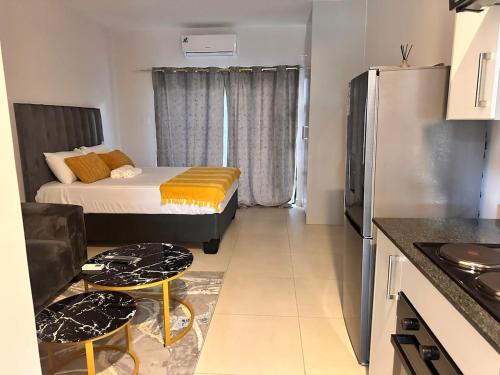 a small room with a bed and a refrigerator at Stylish Studio Retreat in Gaborone