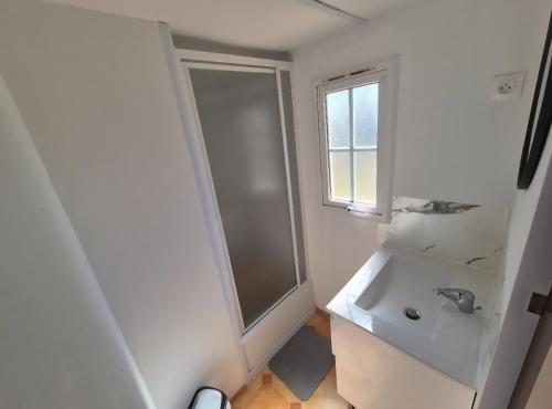 ein kleines Badezimmer mit Dusche und Waschbecken in der Unterkunft Mobil-home camping Le Ptit Rio in Noyelles-sur-Mer