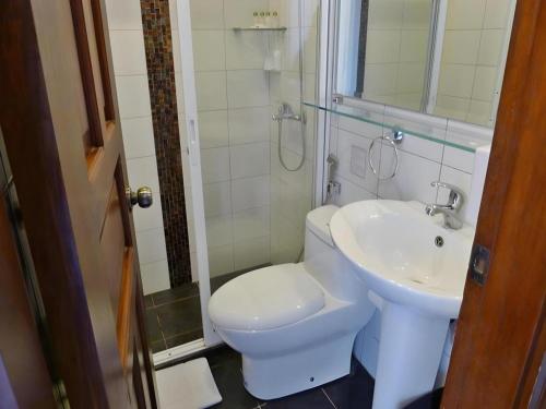 Puerto PrincesaにあるIpil Suites Puerto Princesaのトイレと洗面台のあるバスルーム