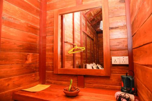 丹不拉Sun and Green Eco Lodge - Dambulla的一间带镜子和木墙的浴室