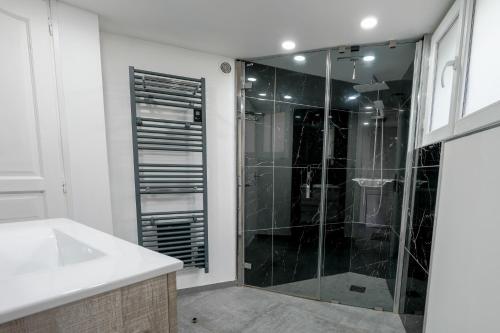 モントロン・レ・バンにあるAppartement dans maison atypiqueのガラスのシャワーと洗面台を備えたバスルーム