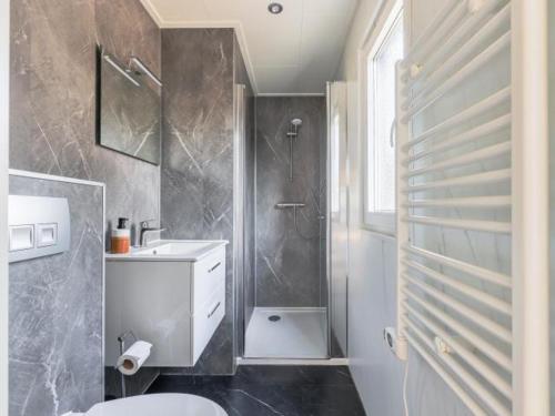 a bathroom with a shower and a toilet and a sink at Casa Leon in Haarle
