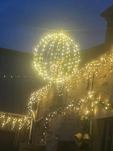 Un árbol con luces en un edificio por la noche. en Gîtes le Mont Desclos Saint Michel, en Beauvoir