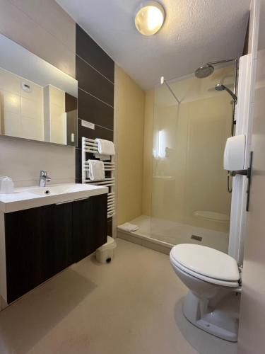 ein Badezimmer mit Toilette, Waschbecken und Dusche in der Unterkunft L'Espadon in Saint-Jean-de-Monts