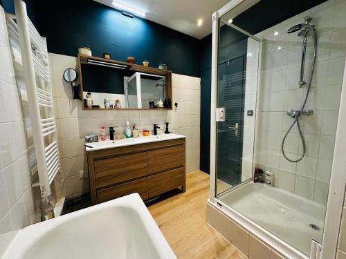 un bagno con vasca, lavandino e doccia di Maison de charme avec studio indépendant a Saint-Prix