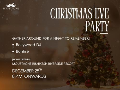 een flyer voor een kerstavondfeest met een kerstboom bij Moustache Rishikesh Riverside Resort in Rishīkesh