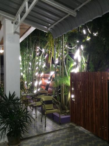 a patio with chairs and plants at night at DownTown Backpackers Hostel in Luang Prabang