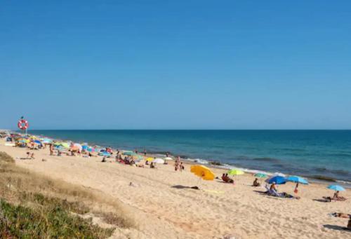 a group of people on a beach with umbrellas at Blife Petrya private rooms at Faro beach in Faro