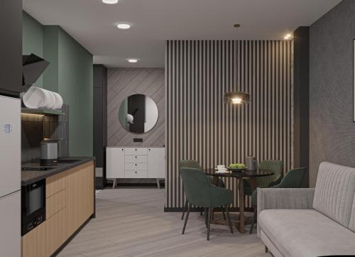 Kuchyň nebo kuchyňský kout v ubytování Apartments on Sennaya Street