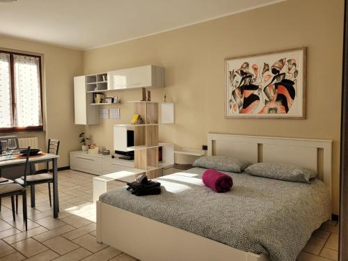 ein Schlafzimmer mit einem Bett, einem Tisch und einem Schreibtisch in der Unterkunft Belgioioso Apartments - Monolocale in Belgioioso