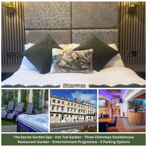 a collage of pictures of a bed and a hotel at The Jubilee Hotel West- with NEWLY REFURBISHED SPA FACILITIES - GAMESPIT - AND SMOKEHOUSE in Weymouth