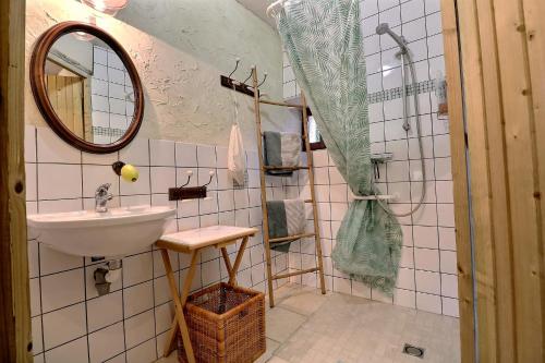 a bathroom with a sink and a shower with a mirror at Appart' d'hôtes , ch et gîte au Manoir de la Haute Pilais in Chantepie