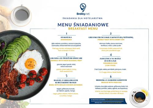 een menu voor een restaurant met een bord eten bij ON/SET APARTHOTEL in Krakau