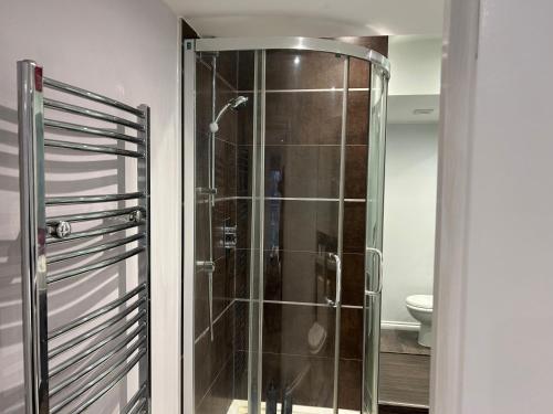 a glass shower in a bathroom with a toilet at Tavistock House-Parking-Sleeps 7-Central in Bedford