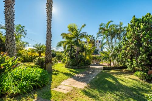 a garden with palm trees and a building in the background at Quintinha de São Martinho - Villa & Lux in Funchal