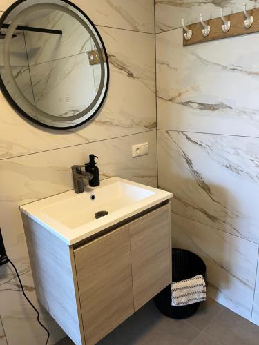 a bathroom with a sink and a mirror at B&B de Landstreek in Hulten