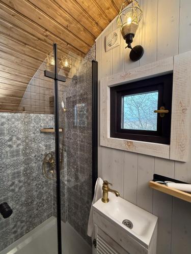a bathroom with a shower and a sink at Żuławska Zielona Przystań, całoroczny domek na kołach Sikorka in Izbiska