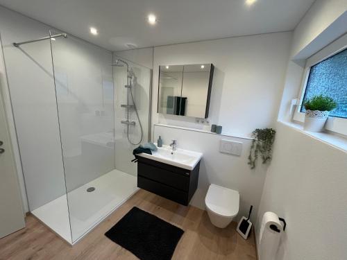 une salle de bains avec douche, lavabo et toilettes dans l'établissement Gate 18, à Haiger