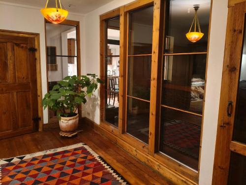 een woonkamer met glazen deuren en een potplant bij Pension zum Hirschstein in Greiz