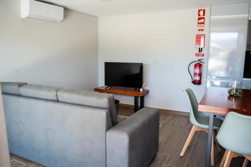 a living room with a couch and a table and a television at Recanto da Boucinha - T2 in Veade