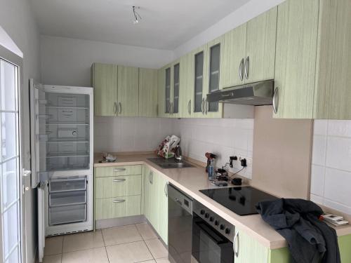 een keuken met groene kasten en een witte koelkast bij Humboldt Garden in La Orotava