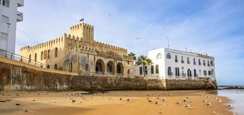Un grupo de pájaros en una playa junto a un edificio. en Apartamento con Piscina a 50 m de la Playa de Regla 2 Dormitorios Hasta 6 personas, en Chipiona