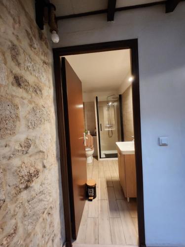 La salle de bains est pourvue d'un mur en pierre et de toilettes. dans l'établissement Casa en el centro de BEAUCAIRE, à Beaucaire