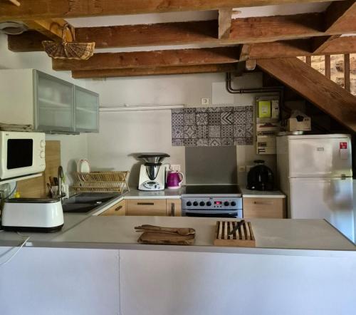 une cuisine avec une cuisinière et un réfrigérateur dans l'établissement La maison du bord de l'eau plage de baignade, à Vayrac