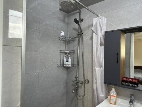 ein Badezimmer mit Dusche und Waschbecken in der Unterkunft Villa Mountain Medeu in Almaty