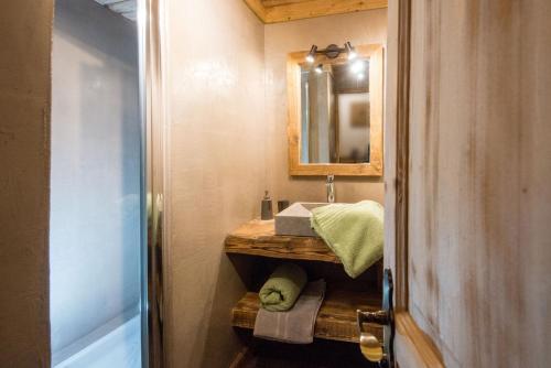 een kleine badkamer met een wastafel en een spiegel bij Les Champis in La Bresse