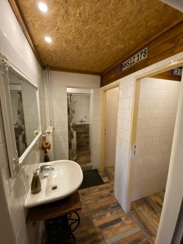 a bathroom with a white sink and a shower at Studio JAVOR pod Tatrami in Jezersko