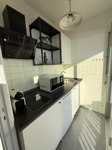 une cuisine avec un micro-ondes et un évier dans l'établissement Studio panoramique & parking, à Cap d'Ail