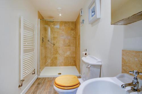 a bathroom with a toilet and a shower and a sink at 3 Bed in Fowey oc-tidewa in Fowey