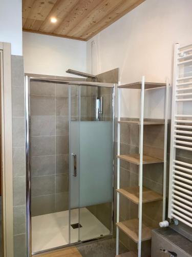 a glass shower in a room with wooden shelves at Fuga dalla città in Grosotto