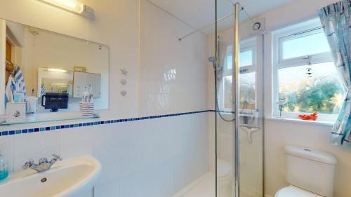 a bathroom with a shower and a sink and a mirror at D22 Sandelite, Riviere Towans in Hayle