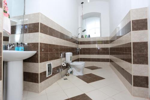 La salle de bains est pourvue de toilettes, d'un lavabo et d'un miroir. dans l'établissement Ilham Mustafa Houses, à Shaki
